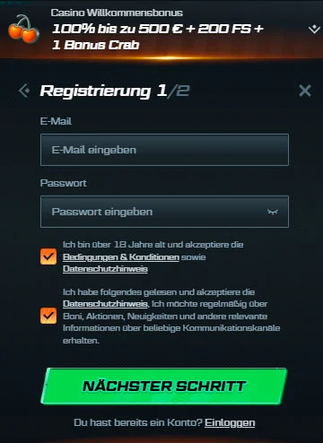 Registrierung erster Schritt Spinational Casino